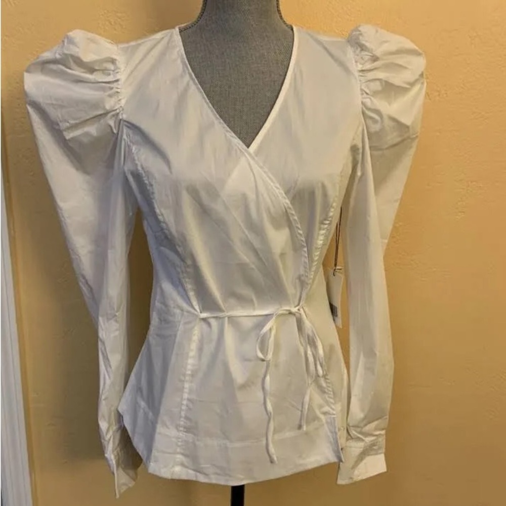 White Puff-Sleeve Wrap Top Blouse